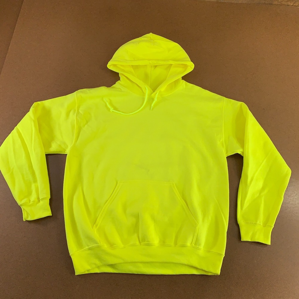 Gildan Heavy Blend Mens Medium Hi Viz Yellow Fleece Pullover Hoodie New *Flaw